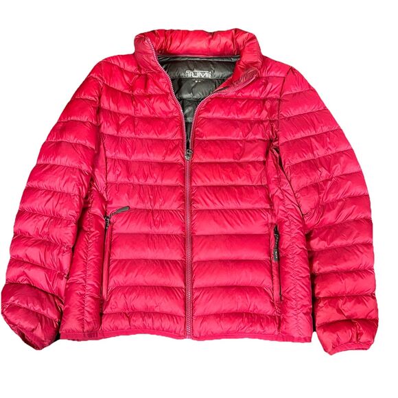 TumiPax Down Puffer Jacket Maroon Red Packs Into Neck Pilllow Women M - Picture 1 of 8